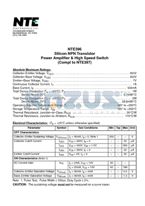 NTE396 datasheet - Silicon NPN Transistor Power Amplifier & High Speed Switch (Compl to NTE397)