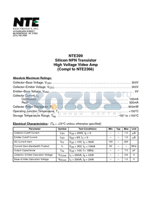 NTE399 datasheet - Silicon NPN Transistor High Voltage Video Amp (Compl to NTE2366)