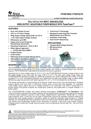 PTH08T220W datasheet - 16-A, 4.5-V to 14-V INPUT, NON-ISOLATED, WIDE-OUTPUT, ADJUSTABLE POWER MODULE WITH TurboTrans