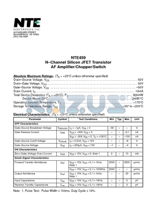 NTE459 datasheet - N-Channel Silicon JFET Transistor AF Amplifier/Chopper/Switch