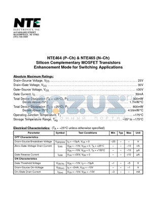 NTE464 datasheet - Silicon Complementary MOSFET Transistors Enhancement Mode for Switching Applications