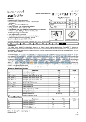 IRF6775MTRPBF datasheet - DIGITAL AUDIO MOSFET