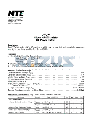 NTE470 datasheet - Silicon NPN Transistor RF Power Output