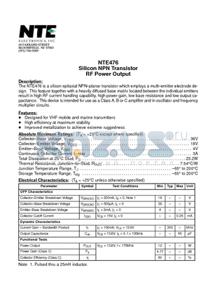NTE476 datasheet - Silicon NPN Transistor RF Power Output