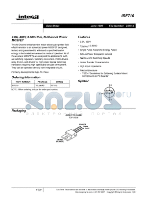 IRF710 datasheet - 2.0A, 400V, 3.600 Ohm, N-Channel Power MOSFET