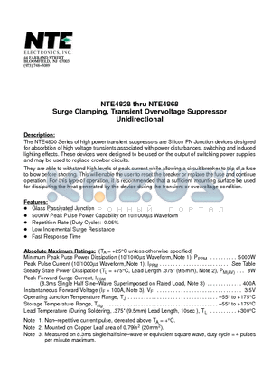 NTE4828 datasheet - Surge Clamping, Transient Overvoltage Suppressor Unidirectional