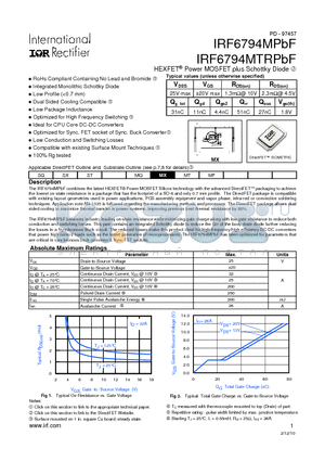 IRF6794MPBF datasheet - HEXFET Power MOSFET plus Schottky Diode