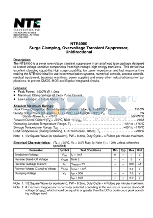 NTE4900 datasheet - Surge Clamping, Overvoltage Transient Suppressor, Unidirectional