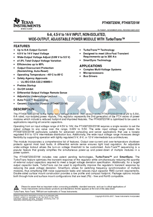 PTH08T230WAD datasheet - 6-A, 4.5-V to 14-V INPUT, NON-ISOLATED, WIDE-OUTPUT, ADJUSTABLE POWER MODULE WITH TurboTrans