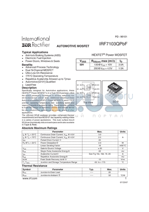 IRF7103QPBF datasheet - AUTOMOTIVE MOSFET HEXFET^ Power MOSFET