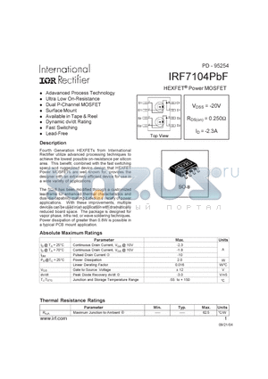 IRF7104PBF datasheet - HEXFET Power MOSFET