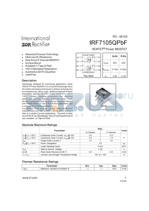 IRF7105QPBF datasheet - HEXFET Power MOSFET