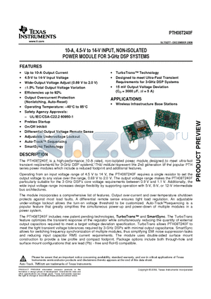 PTH08T240F datasheet - 10-A, 4.5-V to 14-V INPUT, NON-ISOLATED POWER MODULE FOR 3-GHz DSP SYSTEMS