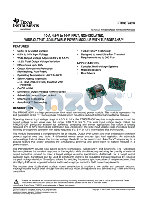 PTH08T240W datasheet - 10-A, 4.5-V to 14-V INPUT, NON-ISOLATED, WIDE-OUTPUT, ADJUSTABLE POWER MODULE WITH TURBOTRANS