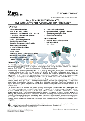 PTH08T240WAST datasheet - 10-A, 4.5-V to 14-V INPUT, NON-ISOLATED, WIDE-OUTPUT, ADJUSTABLE POWER MODULE WITH TURBOTRANS