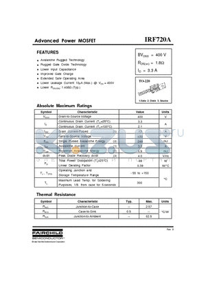 IRF720A datasheet - Advanced Power MOSFET (400V, 1.8ohm, 3.3A)