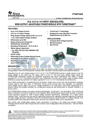 PTH08T240WAZ datasheet - 10-A, 4.5-V to 14-V INPUT, NON-ISOLATED, WIDE-OUTPUT, ADJUSTABLE POWER MODULE WITH TURBOTRANS