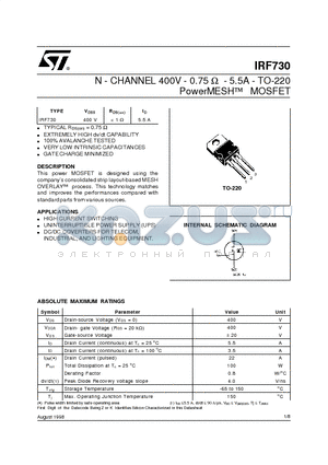 IRF730 datasheet - N - CHANNEL 400V - 0.75 ohm - 5.5A - TO-220 PowerMESH] MOSFET