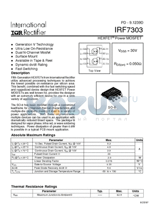 IRF7303 datasheet - Power MOSFET(Vdss=30V, Rds(on)=0.050ohm)