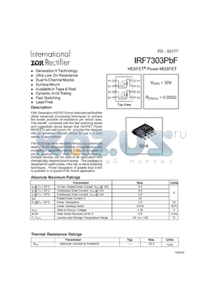 IRF7303PBF datasheet - HEXFET Power MOSFET (VDSS = 30V , RDS(on) = 0.050Y )