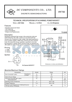 IRF730 datasheet - TECHNICAL SPECIFICATIONS OF N-CHANNEL POWER MOSFET