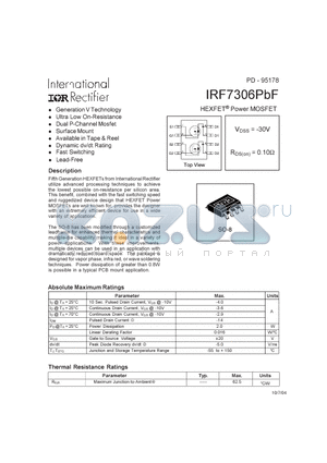 IRF7306PBF datasheet - HEXFET^Power MOSFET