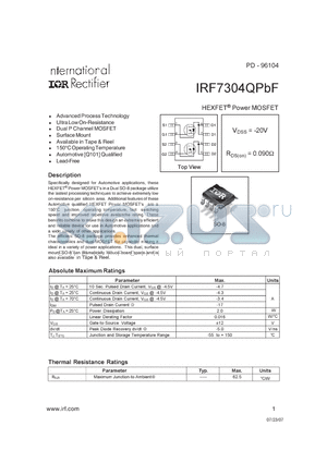 IRF7304QPBF datasheet - HEXFET Power MOSFET