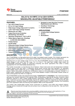 PTH08T255WAZ datasheet - 40-A, 8-V to 14-V INPUT, 3-V to 5.25-V OUTPUT, NON-ISOLATED, ADJUSTABLE POWER MODULE