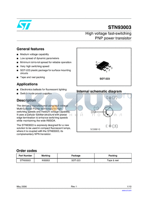 N93003 datasheet - High voltage fast-switching PNP power transistor