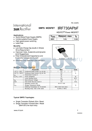 IRF730APBF datasheet - SMPS MOSFET