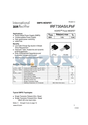 IRF730AS/LPBF datasheet - HEXFET Power MOSFET (SMPS MOSFET)