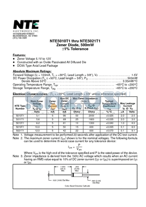 NTE5011T1 datasheet - Zener Diode, 500mW a1% Tolerance