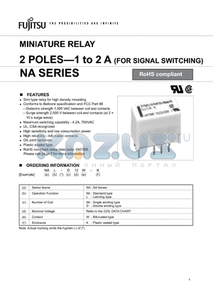 NA-12W-K datasheet - MINIATURE RELAY 2 POLES- 1 to 2 A (FOR SIGNAL SWITCHING)