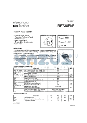 IRF730PBF datasheet - HEXFET Power MOSFET