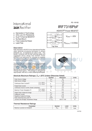 IRF7316PBF datasheet - HEXFET^Power MOSFET