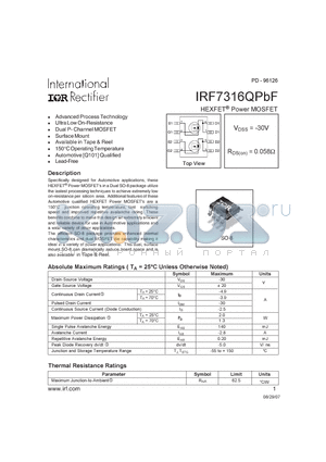 IRF7316QPBF datasheet - HEXFET Power MOSFET