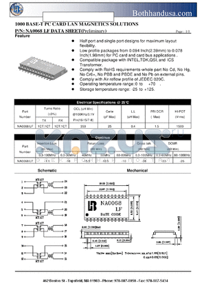NA0068LF datasheet - 1000 BASE-T PC CARD LAN MAGNETICS SOLUTIONS