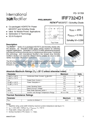IRF7324D1 datasheet - FETKY MOSFET / Schottky Diode