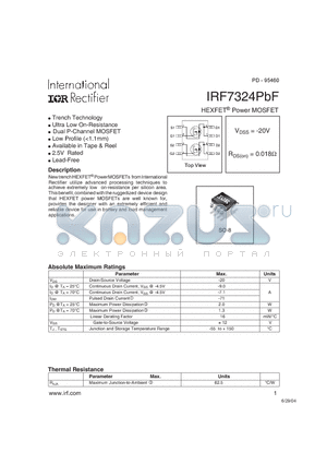 IRF7324PBF datasheet - HEXFET Power MOSFET(-20V, 0.018ohm)