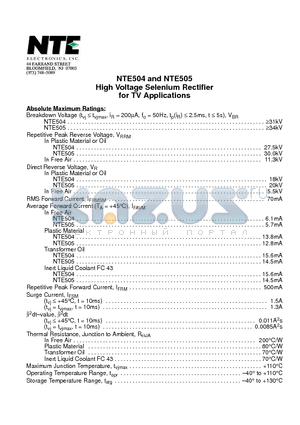 NTE504 datasheet - High Voltage Selenium Rectifier for TV Applications