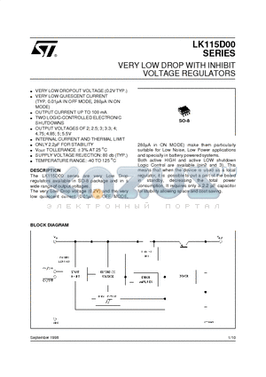 LK115D25 datasheet - VERY LOW DROP WITH INHIBIT VOLTAGE REGULATORS