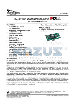 PTH12020WAZT datasheet - 18-A, 12-V INPUT NON-ISOLATED WIDE-OUTPUT ADJUST POWER MODULE