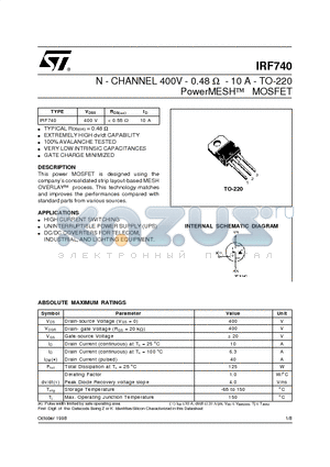 IRF740 datasheet - N - CHANNEL 400V - 0.48 ohm - 10 A - TO-220 PowerMESH] MOSFET