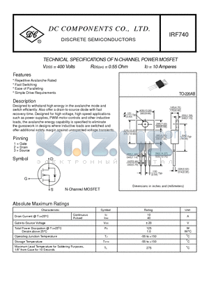 IRF740 datasheet - TECHNICAL SPECIFICATIONS OF N-CHANNEL POWER MOSFET