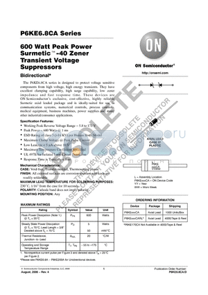 P6KEXXXCA datasheet - 600 Watt Peak Power Surmetic−40 Zener Transient Voltage Suppressors