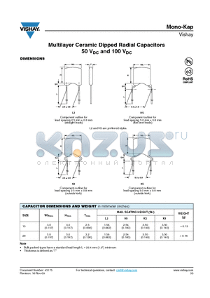 K223Z15Y5VF5.H5 datasheet - Multilayer Ceramic Dipped Radial Capacitors 50 VDC and 100 VDC