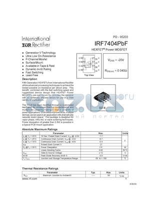 IRF7404PBF datasheet - HEXFET Power MOSFET