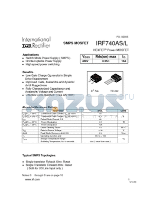 IRF740AL datasheet - Switch Mode Power Supply (SMPS)