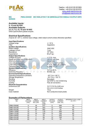 P6KU-1205E datasheet - 3KV ISOLATED 1 W UNREGULATED SINGLE OUTPUT DIP8