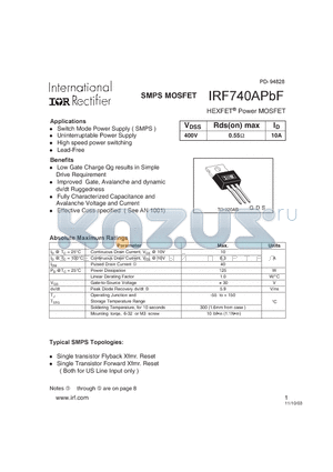 IRF740APBF datasheet - SMPS MOSFET